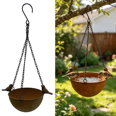 Produktbild von Hängende Vogeltränke & Futterstation aus Metall, wetterfest & rostfrei, hängender Vogelnapf für Garten, Balkon & Terrasse, dekorativ & stabil
