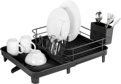 Zdjęcie produktu dla Wysuwana półka ociekowa - suszarka do naczyń kuchenna - organizacja kuchni - regulowana długość - 41 x 52 cm - czarna