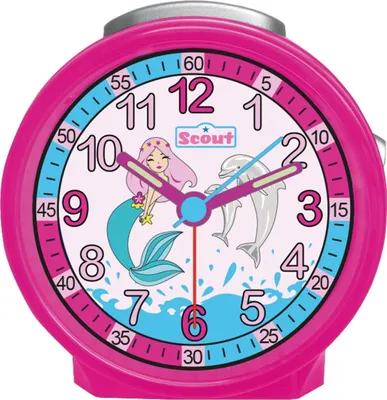 A close-up of a pink analog alarm clock with a mermaid and dolphin theme.