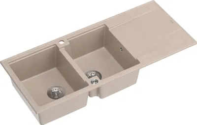 Obrázok produktu pre Kuchynský drez QUADRON 2-komorový drez | Rozmery: 116 x 50 x 21 cm | EVAN 121 | Kuchynský drez GraniteQ granitový drez so sifónom | Béžová a oceľ