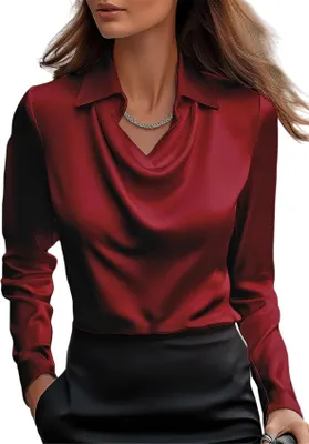 Produktbild von ASKSA Damen Satin Bluse Wasserfallkragen Elegante Oberteile Langarm Seide Hemdbluse Arbeitshemd Business Langarmshirt (Rot,S)