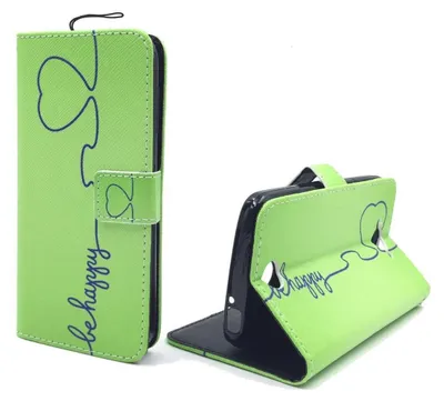 A green phone case with a blue line drawing of a heart and the words 'be happy' is shown in two configurations: closed and open as a stand.