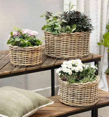 Produktbild von 3x Pflanzkorb "Koboo Grey" aus Rattan, Ø 26, 32, 40 cm, Blumentopf, Pflanzkübel, Pflanztopf für Draußen, Blumenkübel