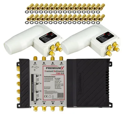 Produktbild von PremiumX Multischalter Set 9/8 SAT 2x Multifeed 3° Quattro LNB 32x F-Stecker