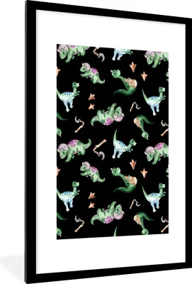 Produktbild von MuchoWow® Gerahmtes Poster Dinosaurier - Muster - Kinderzimmer - Jungen - Mädchen - Kinder - Kinder 60x90 cm - Poster mit Schwarzem Bilderrahmen Wandposter Rahmen Foto Bilder - Dekoration - Wandposter Wohnzimmer - Hochwertig