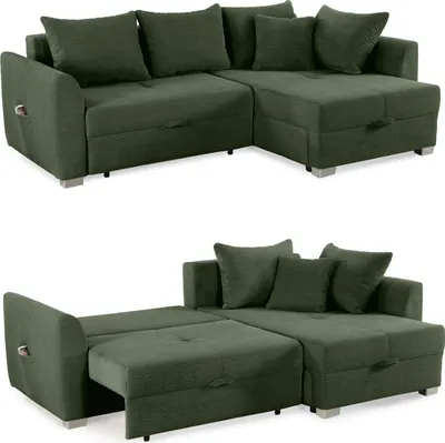 Produktbild von Ecksofa L-Form Couch Polsterecke ausziehbar Schlaffunktion Bettkasten Cord Grün / 15207