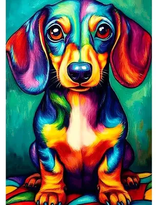 Zdjęcie produktu dla Zestaw do tworzenia obrazów techniką "diamond painting" przedstawiający kolorowego jamnika, z okrągłymi kamyczkami, wymiar 30x40 cm