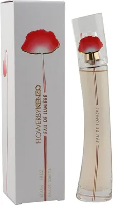 Weiß-goldene Box mit roter Blüte und geschwungener Glasflakon mit rotem Mohn auf dem Deckel, Aufschrift „Eau de Lumière“.