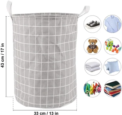 A laundry basket with various items shown in circular insets around it.