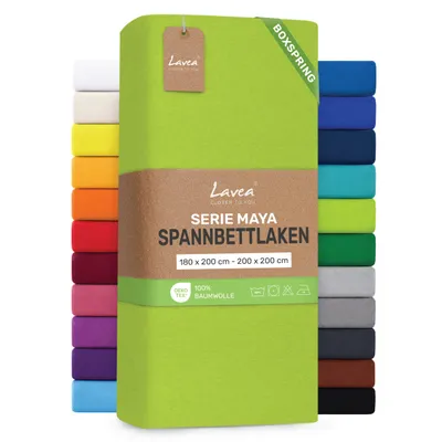 Produktbild von Lavea® Spannbettlaken 180-200x200 cm - Boxspringbett, Jersey, 40 cm Steghöhe, 100% Baumwolle, weich, atmungsaktiv, pflegeleicht, formstabil - Apfelgrün