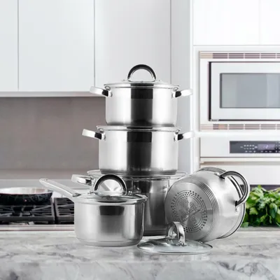 Produktbild von Töpfe Saucepan Set Stahlkochgeschirr 10-Teilig Induktion Gas Kamille