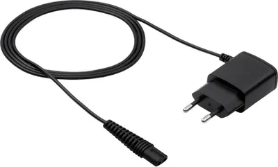 A black power adapter and cable for a shaver or trimmer is shown against a white background.