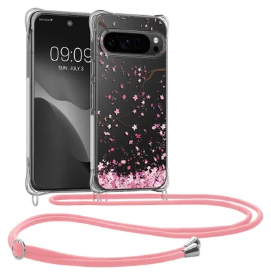 Produktbild von kwmobile Necklace Case kompatibel mit Google Pixel 10 Hülle - Silikon Cover mit Handykette - Rosa Dunkelbraun Transparent Kirschblütenblätter