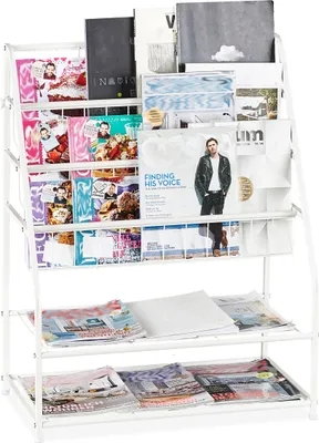 Image de Étagère à magazines Relaxdays en métal, dimensions : 81 x 67 x 37 cm, porte-revues moderne, modèle sur pied, pour le salon, blanc