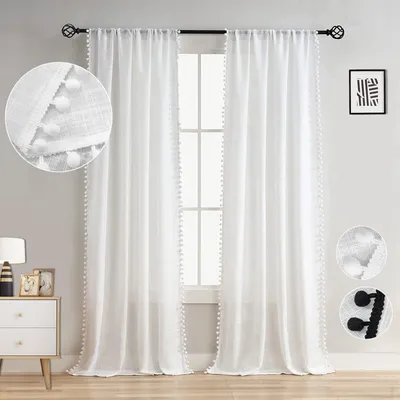 Produktbild von 2er Set Gardine Vorhang Halbtransparent Stangendurchzug weiß Pompons, Gardine Tüll Leinenoptik B 132xH 160cm Kinderzimmer Wohnzimmer Schlafzimmer
