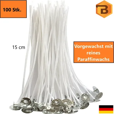 Produktbild von Kerzendochte 100 Stk. 15 cm lang mit Metallfuß, 100% natürlich aus Baumwolle, 100 St. Candle Wick, Runddocht, Teelichtdochte für DIY Kerzenherstellung
