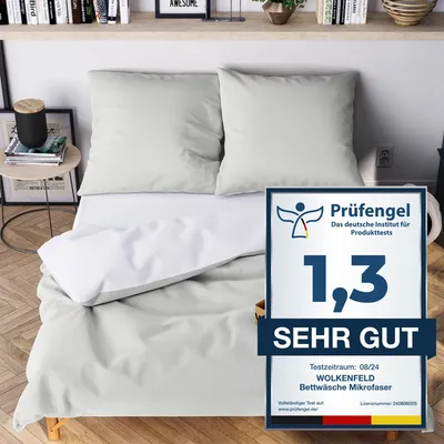 Produktbild von Wolkenfeld Bettwäsche 155x200 grau weiß - kuschelig weich & bügelfrei - 2teilig - 1x Bettbezug + 1x Kissenbezug 80x80