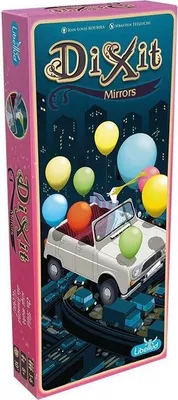 The image shows the packaging of a board game called Dixit - Mirrors, featuring a whimsical illustration of a car filled with balloons driving through a city at night.
