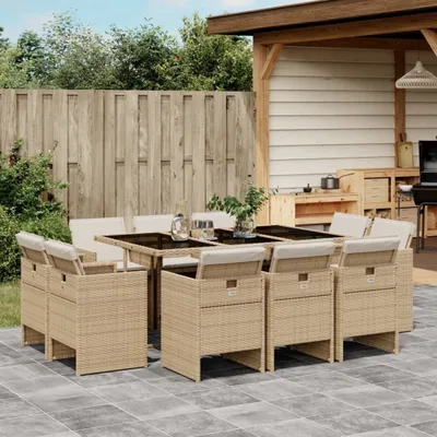 Produktbild von Design 11-tlg. Garten-Essgruppe mit Kissen Beige Poly Rattan, Gartenmöbel-Sets 2024 Neu