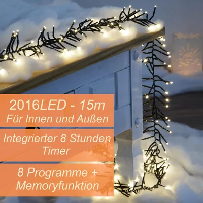 Produktbild von 2016 LED Clusterlichterkette 15m warmweiß mit Timer und 8 Programmen für innen und außen