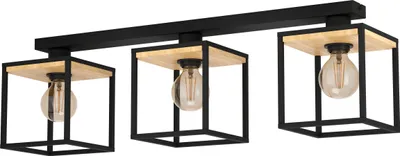 Zdjęcie produktu dla EGLO lampa sufitowa Libertad, 3-punktowa lampa sufitowa, lampa sufitowa do salonu wykonana z metalu w kolorze czarnym i drewna w kolorze naturalnym, lampa sufitowa z oprawką E27