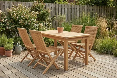 Produktbild von Bistro-Gartenset aus Teakholz | Gartentisch mit 4 Klappstühlen