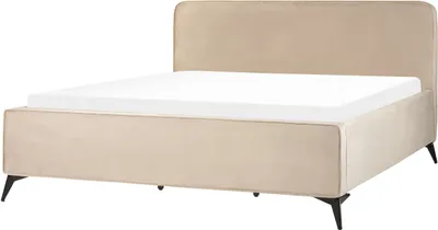Produktbild von BELIANI Polsterbett Taupe Samtstoff mit Lattenrost 180 x 200 cm Hohes Kopfteil Schwarze Metallbeine Retro Design Schlafzimmer Ausstattung Möbel