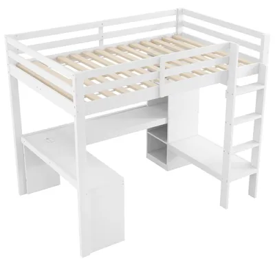 Image de Lit superposé pour enfants - Lit modulable - 140 x 200 cm - Étagères multifonctionnelles - Bureau intégré sous le lit - Éclairage LED et ports USB - Armoire avec espace de rangement - Blanc