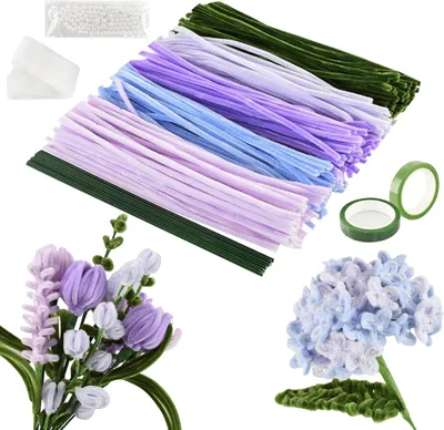 Produktbild von Pfeifenreiniger zum Basteln Set, 500 Stš¹ck in 5 Farben Pfeifenputzer zum Basteln, Pfeifenreiniger Blumen Set, mit Blumendraht, Schleifenband, B?nder, Perlen fš¹r Blumenstrau? DIY, Violett
