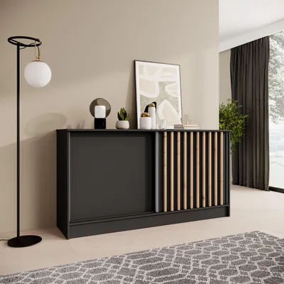 Produktbild von BEAUTYSOFA | Kommode HORIZON 160 cm Schwarz, Artisan mit Lamellen Sideboard mit 2 Schiebetüren, Modernes Design, viel Stauraum