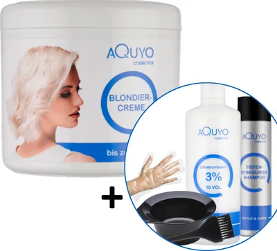Produktbild von Blondiercreme Set mit Cremeoxydant 3% (500ml) + Handschuhen, Färbeschale, Färbepinsel und Tiefenreinigungsshampoo - zum blondieren oder aufhellen der Haare | Blondierung bis zu 9 Stufen heller