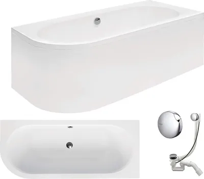 Produktbild von VBChome Badewanne 170 x 75 cm Acryl SET Schürze Siphon Wanne Ecke Eckbadewanne Weiß Design Modern Viega Simplex für 2 Personen Rechts