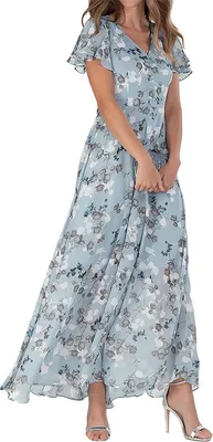 Produktbild von ASKSA Damen Sommerkleid Blumendruck Lang Ruesche Kurzarm V Ausschnitt Strandkleider Boho Beach Midikleid Freizeitkleid (Blau,XXL)