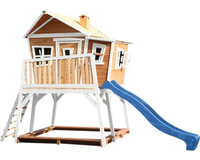 Produktbild von AXI Spielhaus Max mit Sandkasten & blauer Rutsche | Stelzenhaus in Braun & Weiß aus Holz für Kinder | Spielturm mit Wellenrutsche für den Garten