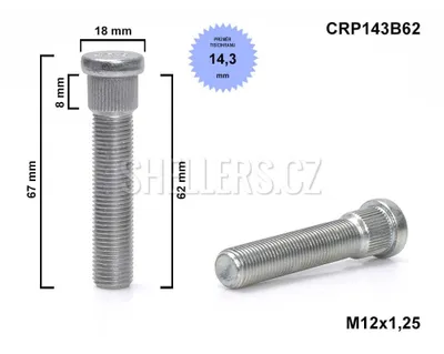Obrázek produktu pro Kolový svorník - šteft M12x1,25x62 tisícihran průměr 14,3mm CRP143B62 délka 67mm