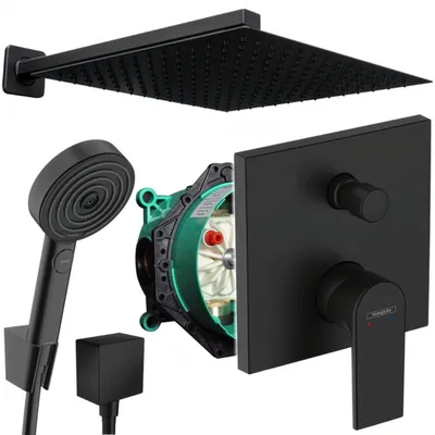 A collection of black bathroom fixtures, including a showerhead, hand shower, and shower valve, along with an internal component of a shower system.