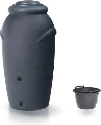 A dark gray rain barrel and a small dark gray bucket are shown against a white background.