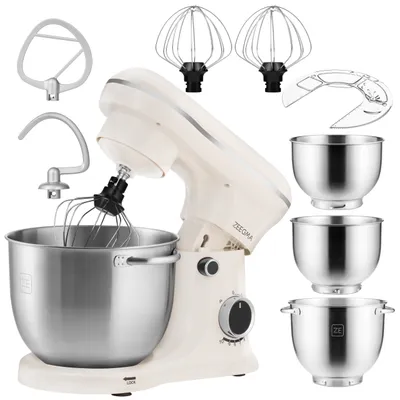 Produktbild von Kuchynský robot ZEEGMA Planeet Trio, 3 misy (5,2 l, 4,5 l, 4 l), veko 18 v 1, planetárne otáčanie, 1500 W, 10 rýchlostí, 4 nástavce - krémový