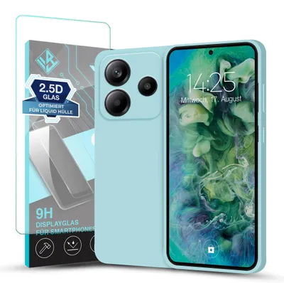 Produktbild von Hülle für Xiaomi Redmi Note 14 5G mit 9H Displayglas Displayschutz Case Cover Bumper Smartphone Softgrip Schutzhülle Farbe: Hellblau