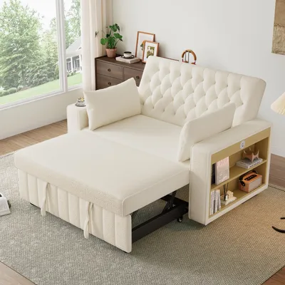Produktbild von Multifunktionales Schlafsofa, modernes Klappsofa mit Stauraum und Schlaffunktion, Getränkehalter, USB-Ladeanschluss und Kissen, platzsparende Couch für Wohnzimmer, Schlafzimmer und Gästezimmer, Beige