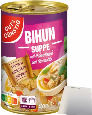 Produktbild von Gut & Günstig Bihunsuppe mit feinem Hühnerfleisch ausgewähltem Gemüse und asiatischen Glasnudeln (400ml Dose) + usy Block