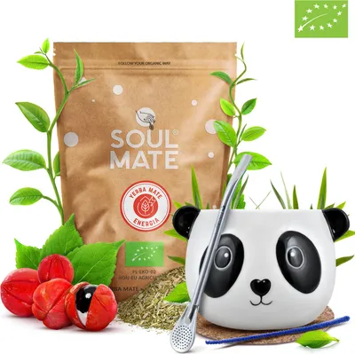 Produktbild von Soul Mate - Mate Tee Bio Set Guarana 500g - Mate Becher Keramik Panda 350ml - Bombilla Mercedes - Rauchfrei - Luftgetrocknet - Yerba Mate Brasilien
