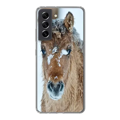 Produktbild von MuchoWow® Handyhülle Schutzhülle Hülle für Samsung Galaxy S21 FE Junges Fjordpferd mit Schnee bedeckt Silikon Softcase Handy Hülle - Mobiltelefonhülle