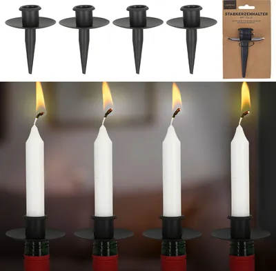 Produktbild von Stabkerzenhalter Stecker Tülle für Flaschen 4er Set 6x10cm schwarz Eisen Kerzenhalteraufsatz für Stabkerzen bis ca. Ø2,5cm