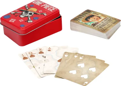 A set of One Piece themed playing cards and a metal tin.