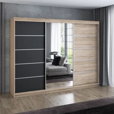 Produktbild von Schwebetürenschrank 200 cm, 3-türig, mit Spiegel & 4 Schubladen, Retro-Stil, modern, in Weiß/Schwarz/Sonoma – Kleiderschrank Velturo 1
