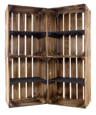 Produktbild von 4er Set geflammte/flambierte Holzkiste mit Mittelbrett Quer Schwarz 50cm x 40cm x 30cm Regal Weinkiste Apfelkiste Box Obstkiste