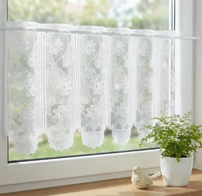 Produktbild von Scheibengardine Bistrogardine Meterware nach Maß Blumenranke weiß Länge 30 cm