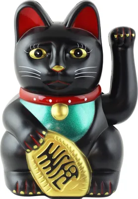 A black Maneki-neko (lucky cat) figurine is shown against a white background.