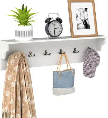 Produktbild von COSTWAY Wandhaken mit Ablage, 80 cm Holz-Garderobe mit 6 Haken, Taschen & Bademäntel, Wandregal, Wandregal für Wohnzimmer, Schlafzimmer & Bad, Weiß